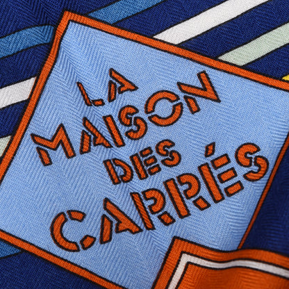 Hermes Cashmere Silk La Maison des Carres Shawl 140 Bleu Nuit Ciel Orange 4 of 5