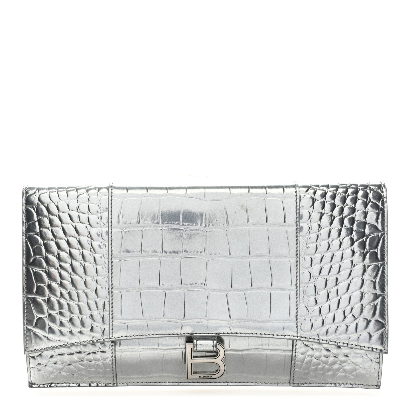 Metallic Calfskin Crocodile Embossed Hourglass Flap Flat Pouch Silver
