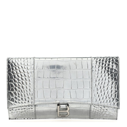 Balenciaga Metallic Calfskin Crocodile Embossed Hourglass Flap Flat Pouch Silver 1 of 6