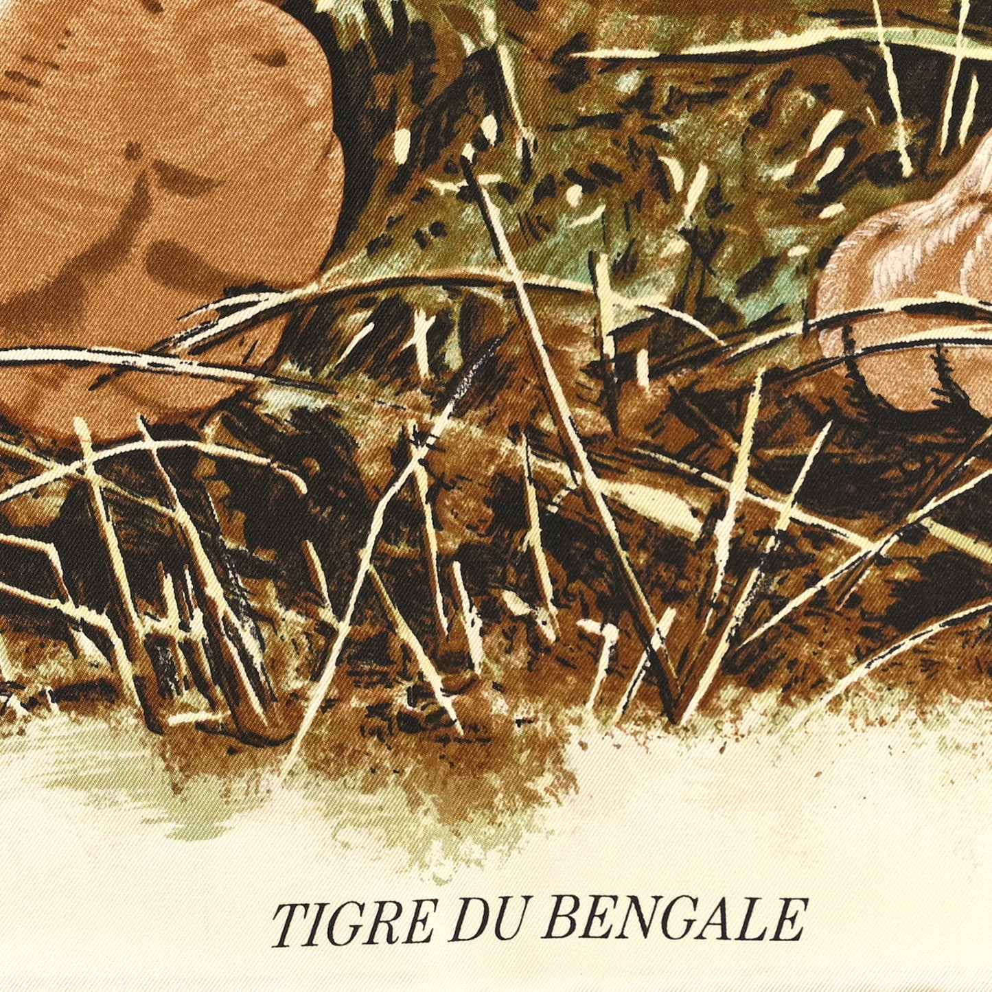 Silk Tigre du Bengale Scarf 90 Vert Camel Beige