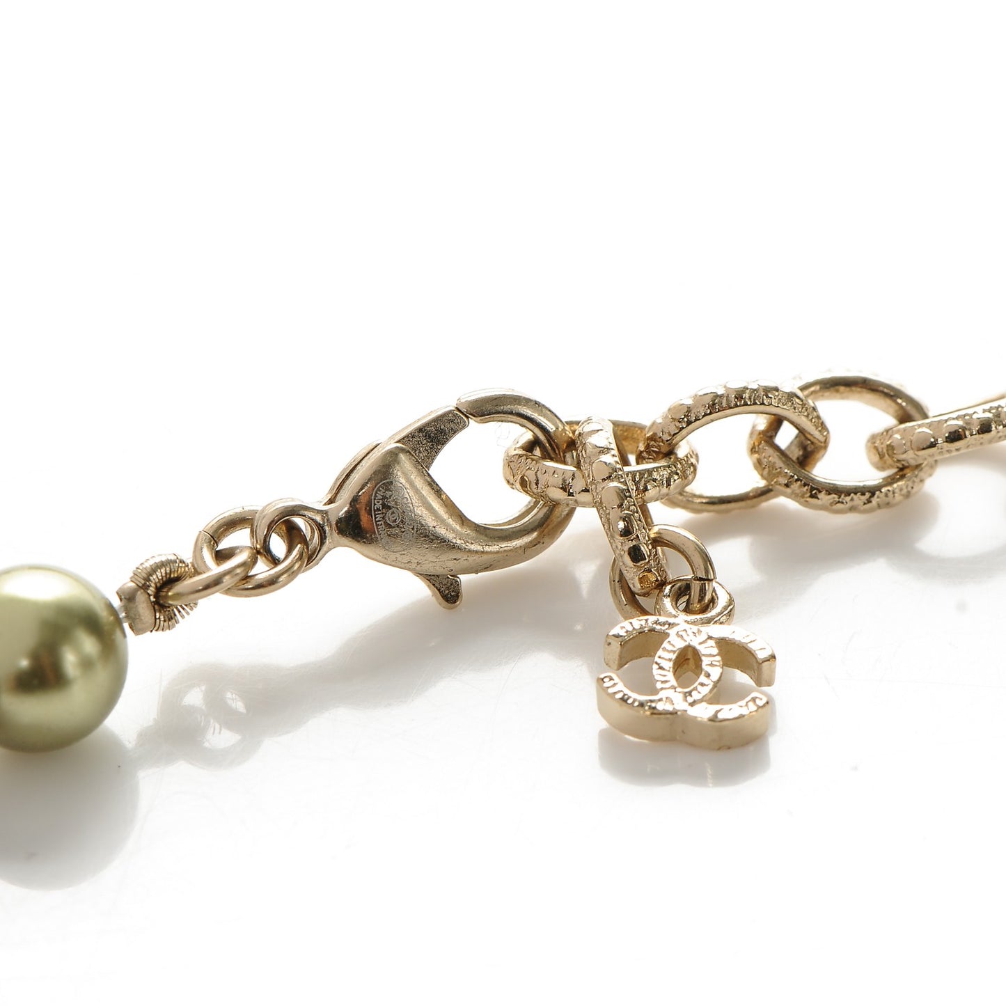 Pearl Beaded CC Long Necklace Gold Green