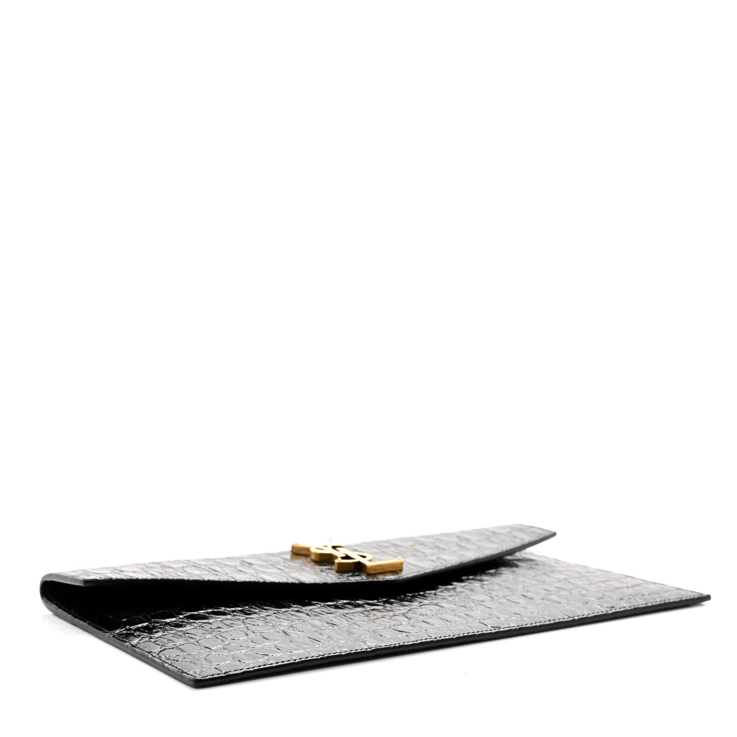Saint Laurent Calfskin Crocodile Embossed Uptown Monogram Clutch Black 4 of 7