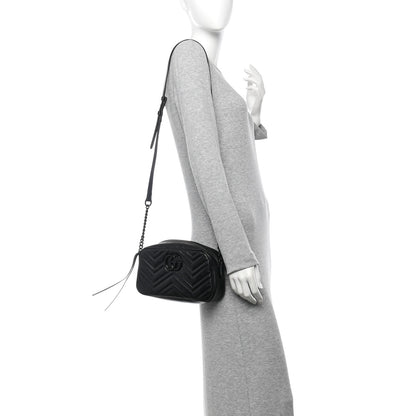 Gucci Calfskin Matelasse Monochrome Small GG Marmont Chain Shoulder Bag Black 2 of 11