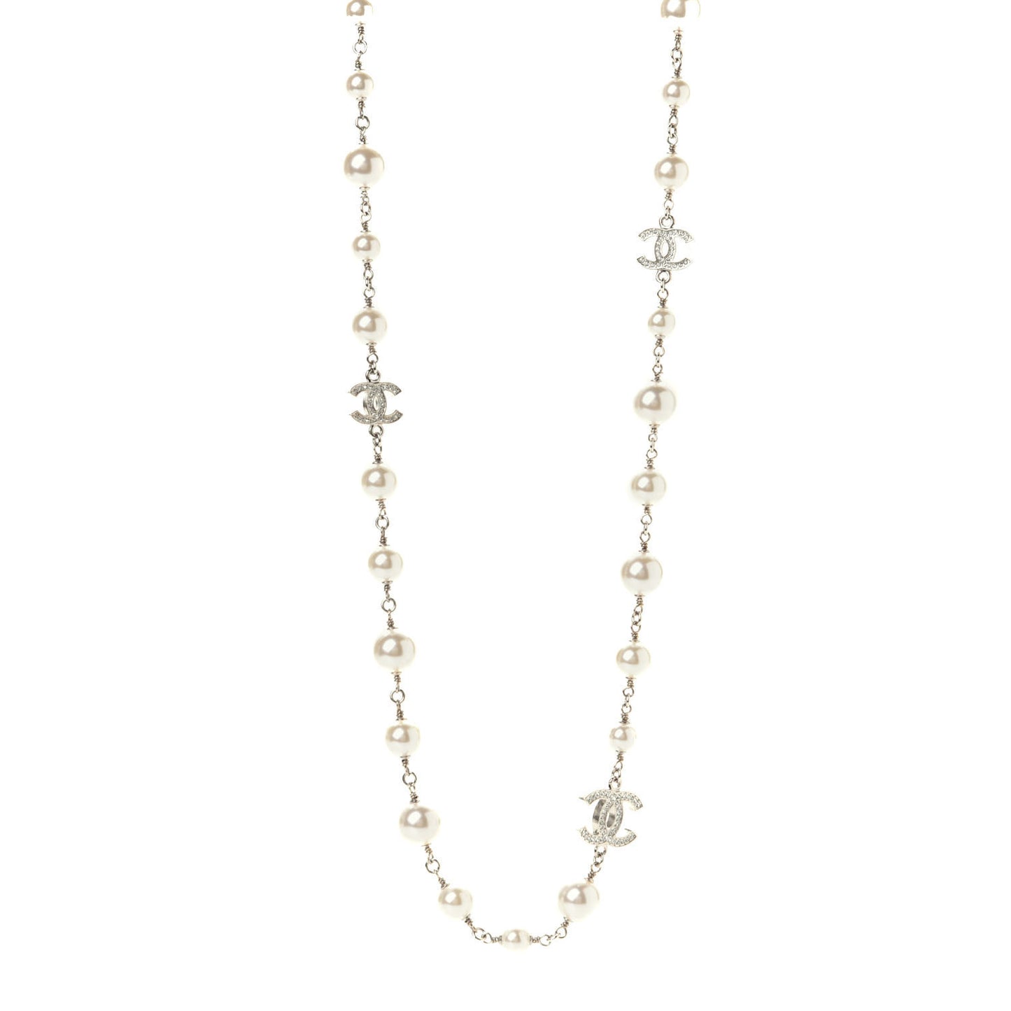 Crystal Pearl CC Long Necklace Silver