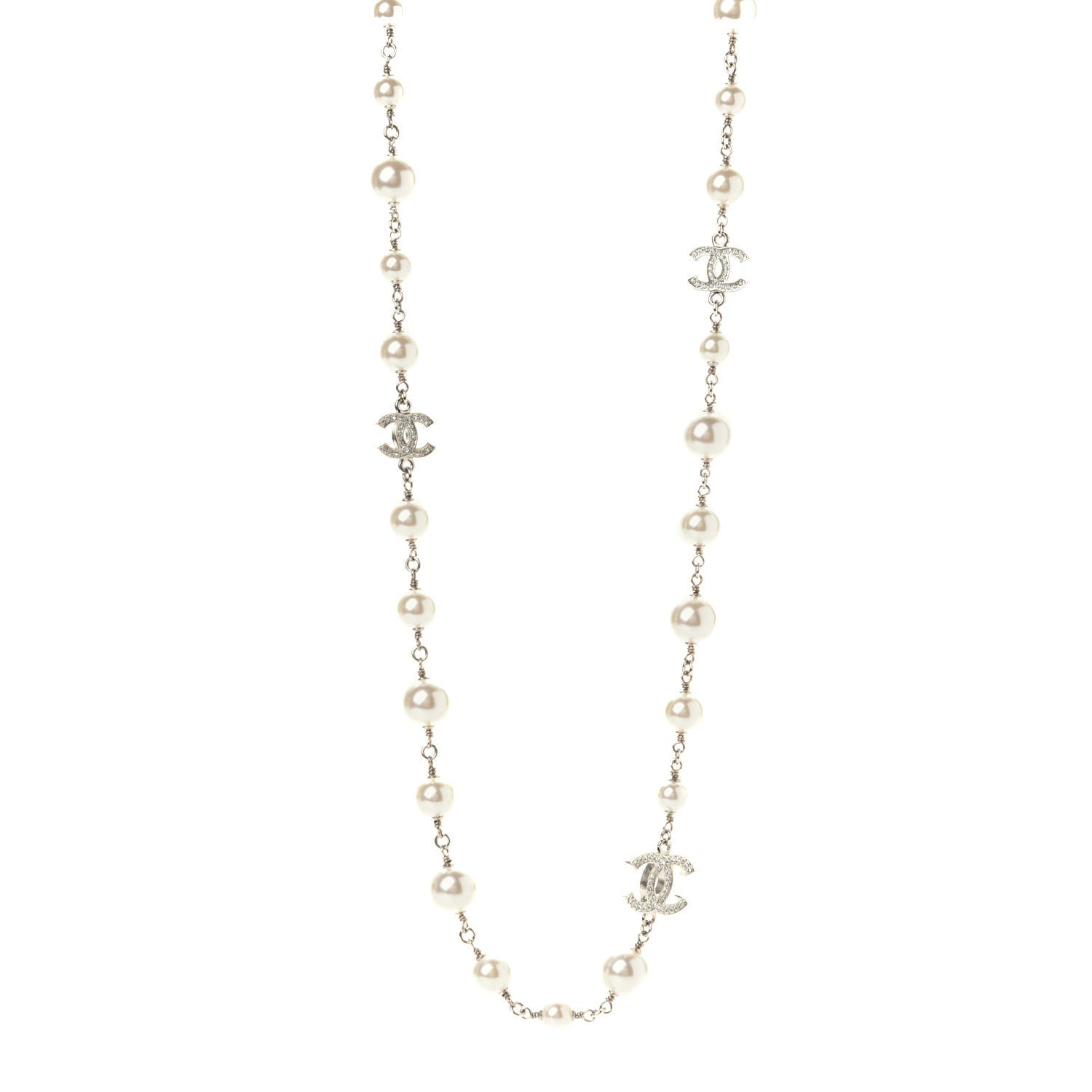 Chanel Crystal Pearl CC Long Necklace Silver 2 of 5