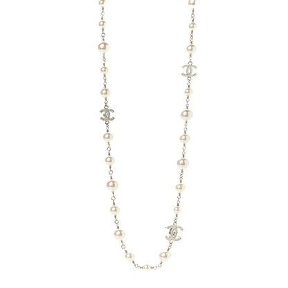 Chanel Crystal Pearl CC Long Necklace Silver 2 of 5