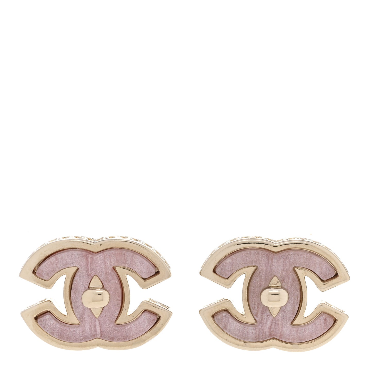 Metal Resin CC Turnlock Stud Earrings Gold Pink