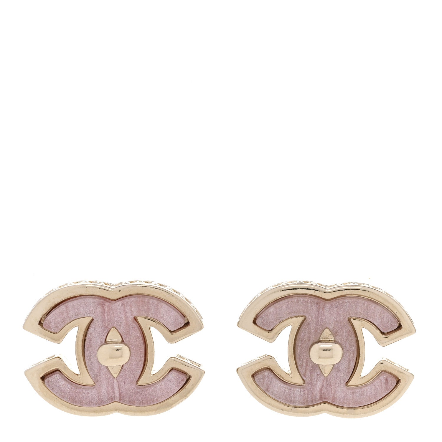 Chanel Metal Resin CC Turnlock Stud Earrings Gold Pink 1 of 5