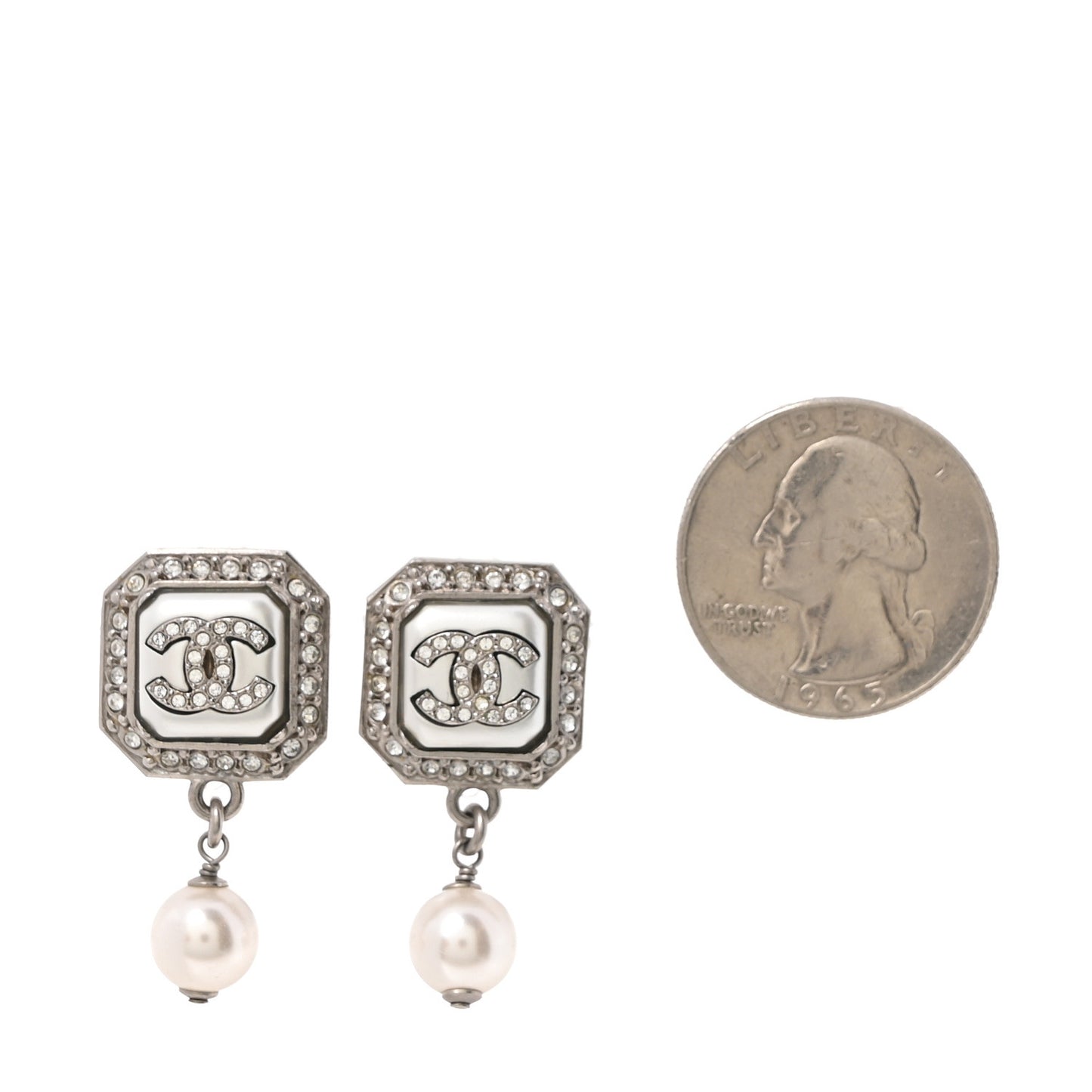 Pearl Crystal CC Square Drop Earrings Silver