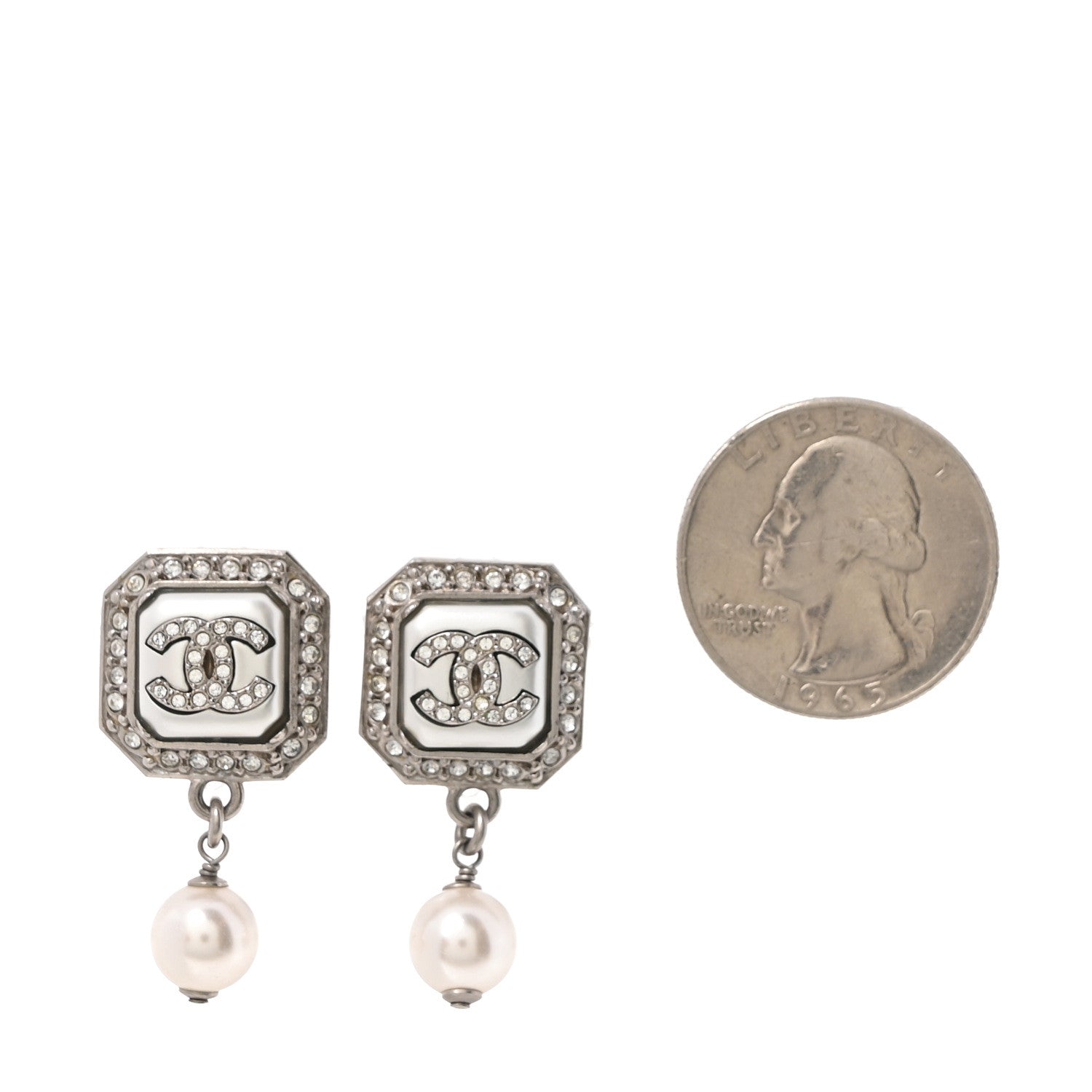 Chanel Pearl Crystal CC Square Drop Earrings Silver 2 of 4