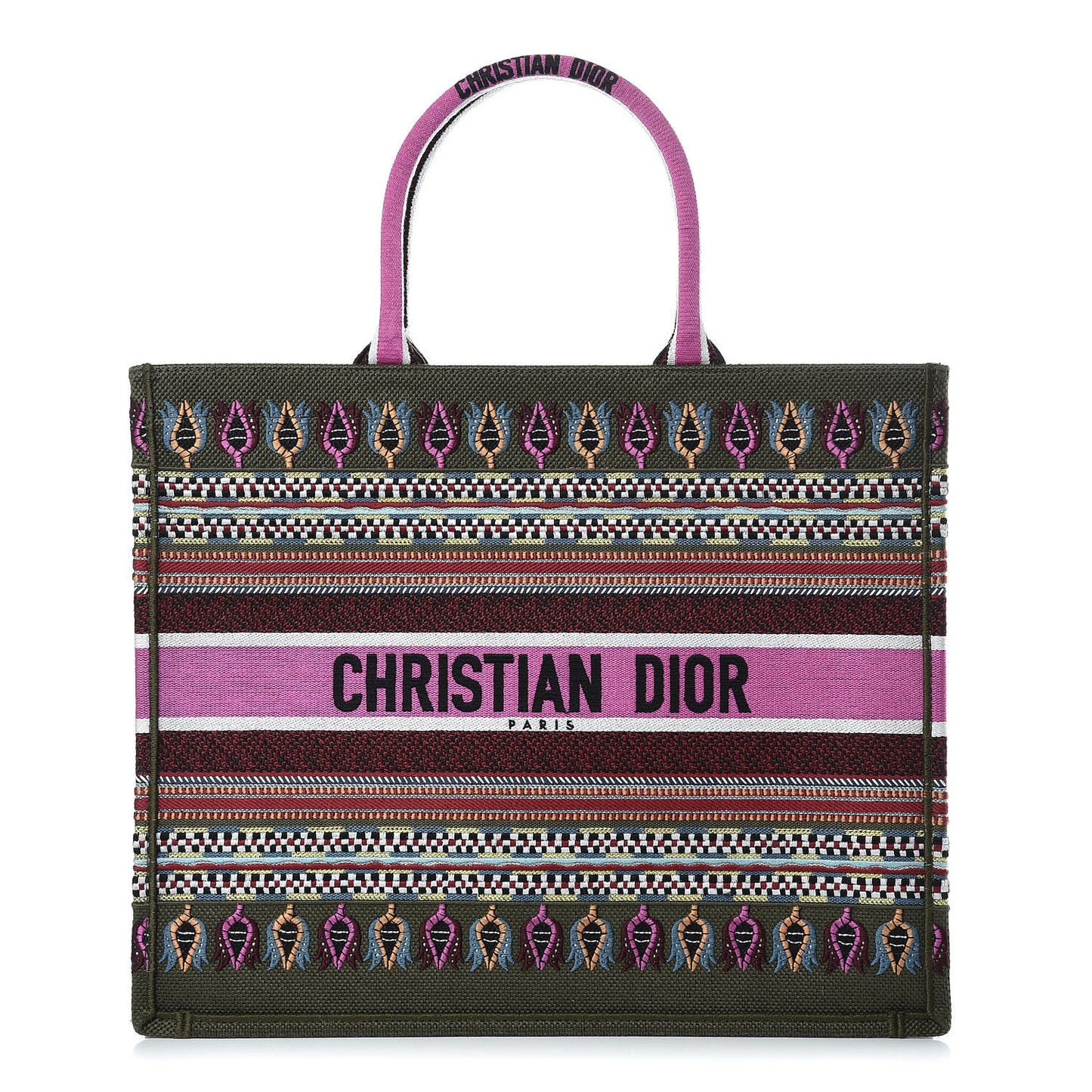 Canvas Embroidered Book Tote Olive Multicolor