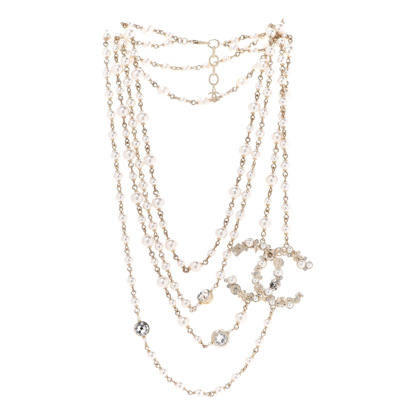 Crystal Pearl CC Charms Long Necklace Gold