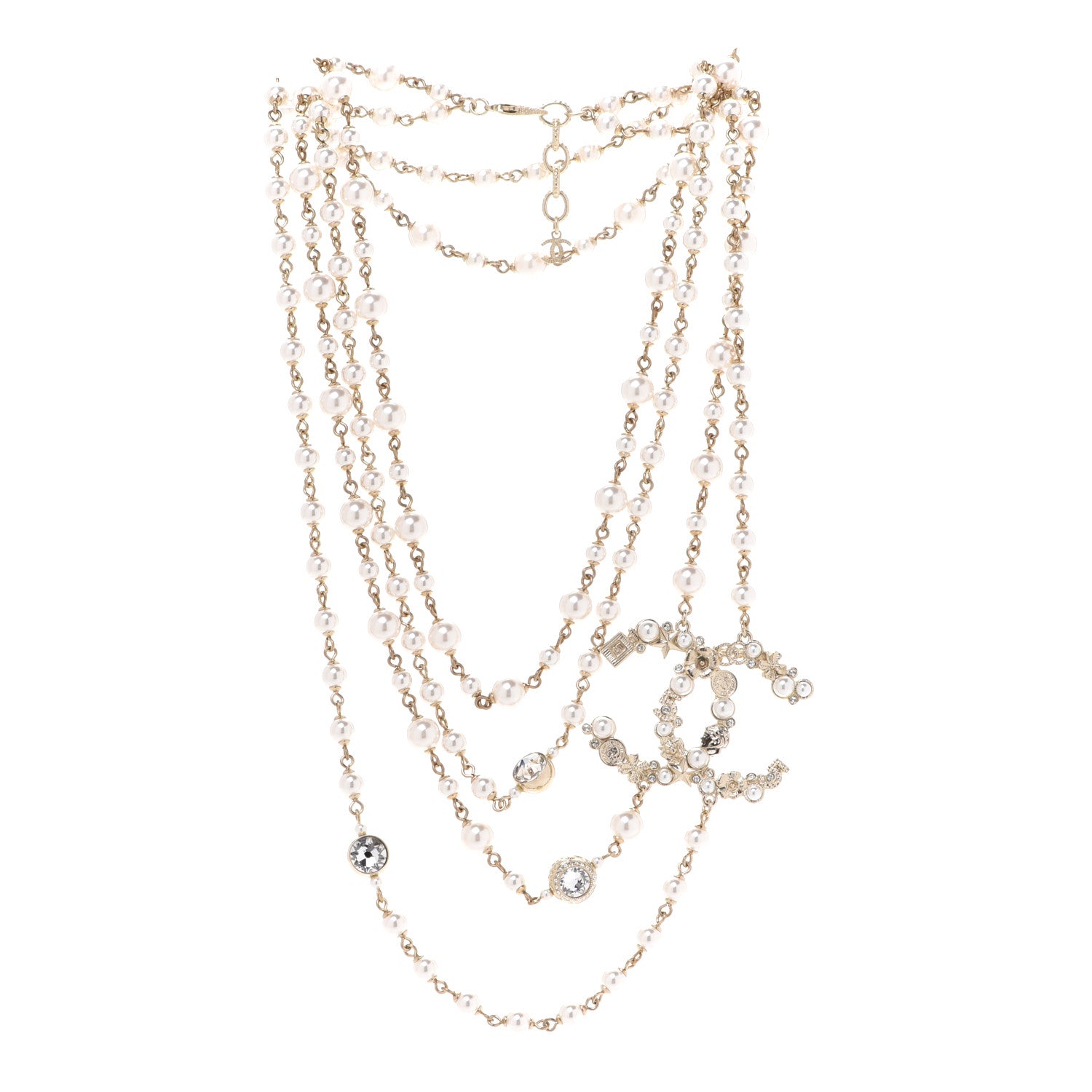 Chanel Crystal Pearl CC Charms Long Necklace Gold 3 of 5