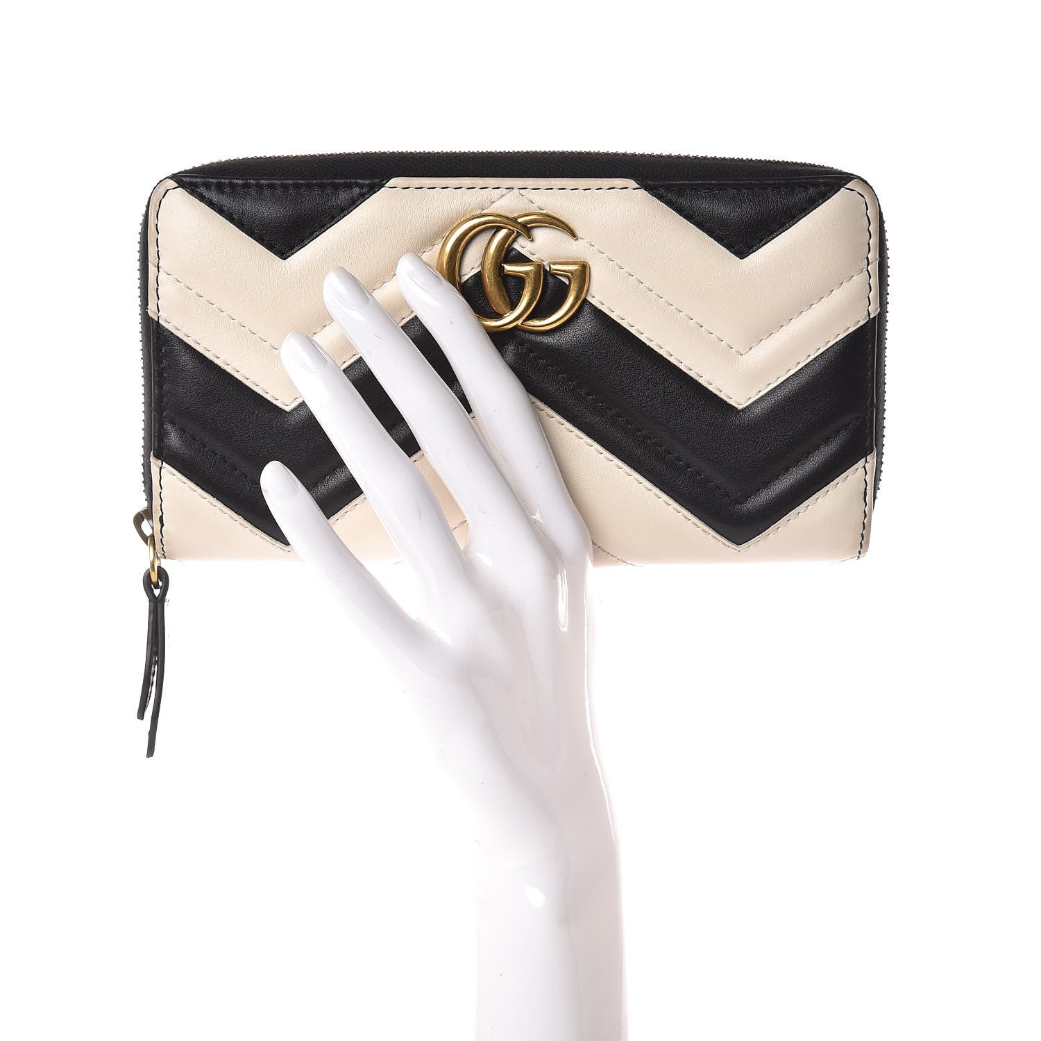 Gucci Calfskin Matelasse GG Marmont Zip Around Wallet Black White 2 of 10