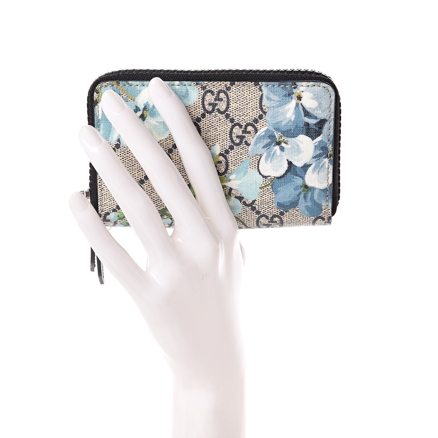 GG Supreme Monogram Blooms Zip Around Card Case Wallet Beige Blue Navy