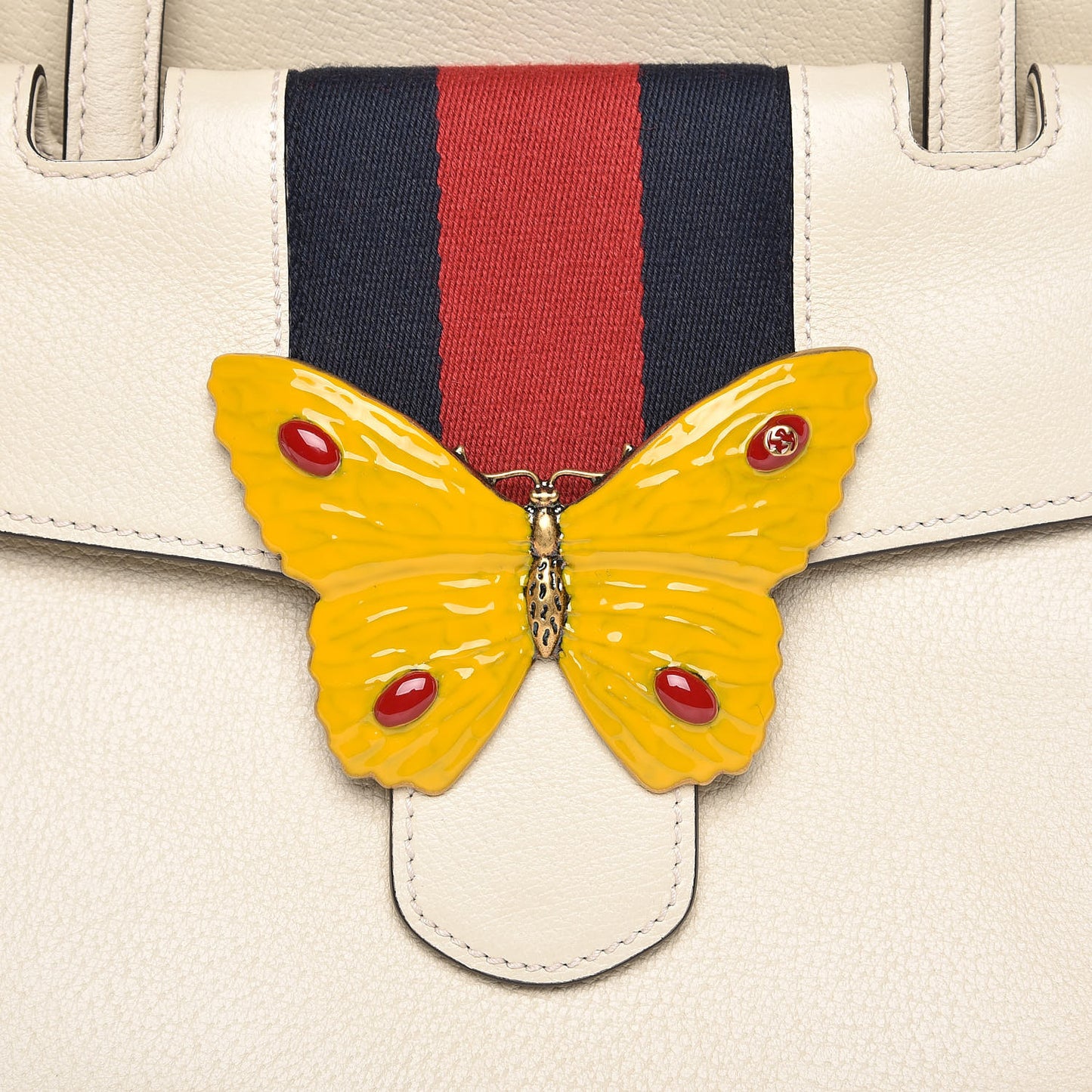 Grained Calfskin Web Stripe Butterfly Medium Totem Top Handle Bag White