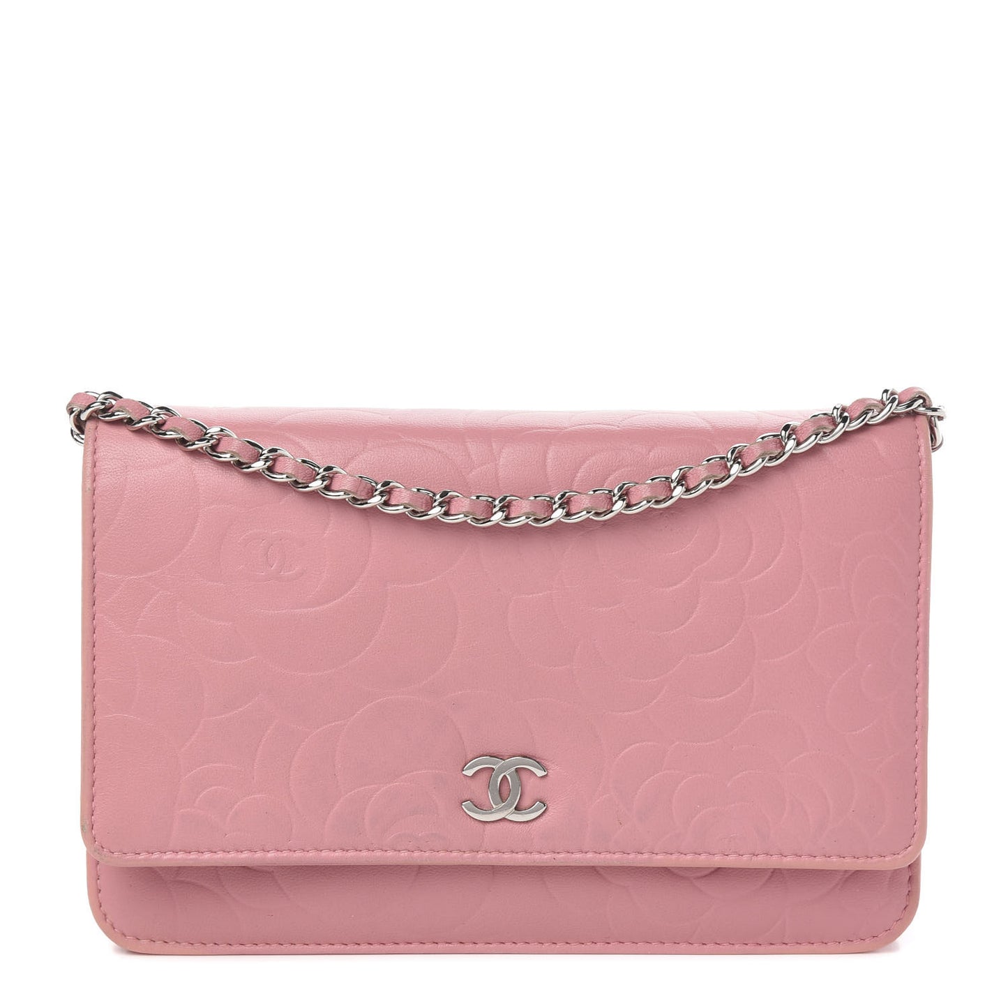 Lambskin Camellia Embossed Wallet On Chain WOC Pink