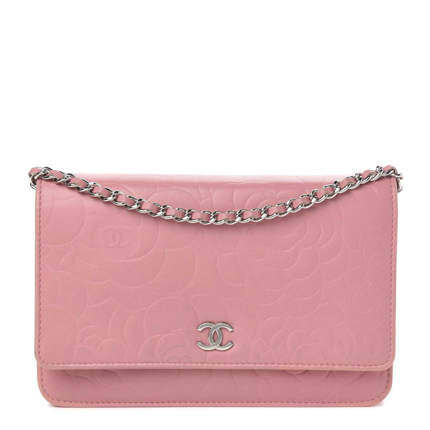 Chanel Lambskin Camellia Embossed Wallet On Chain WOC Pink 1 of 12