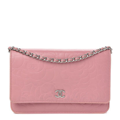 Chanel Lambskin Camellia Embossed Wallet On Chain WOC Pink 1 of 12