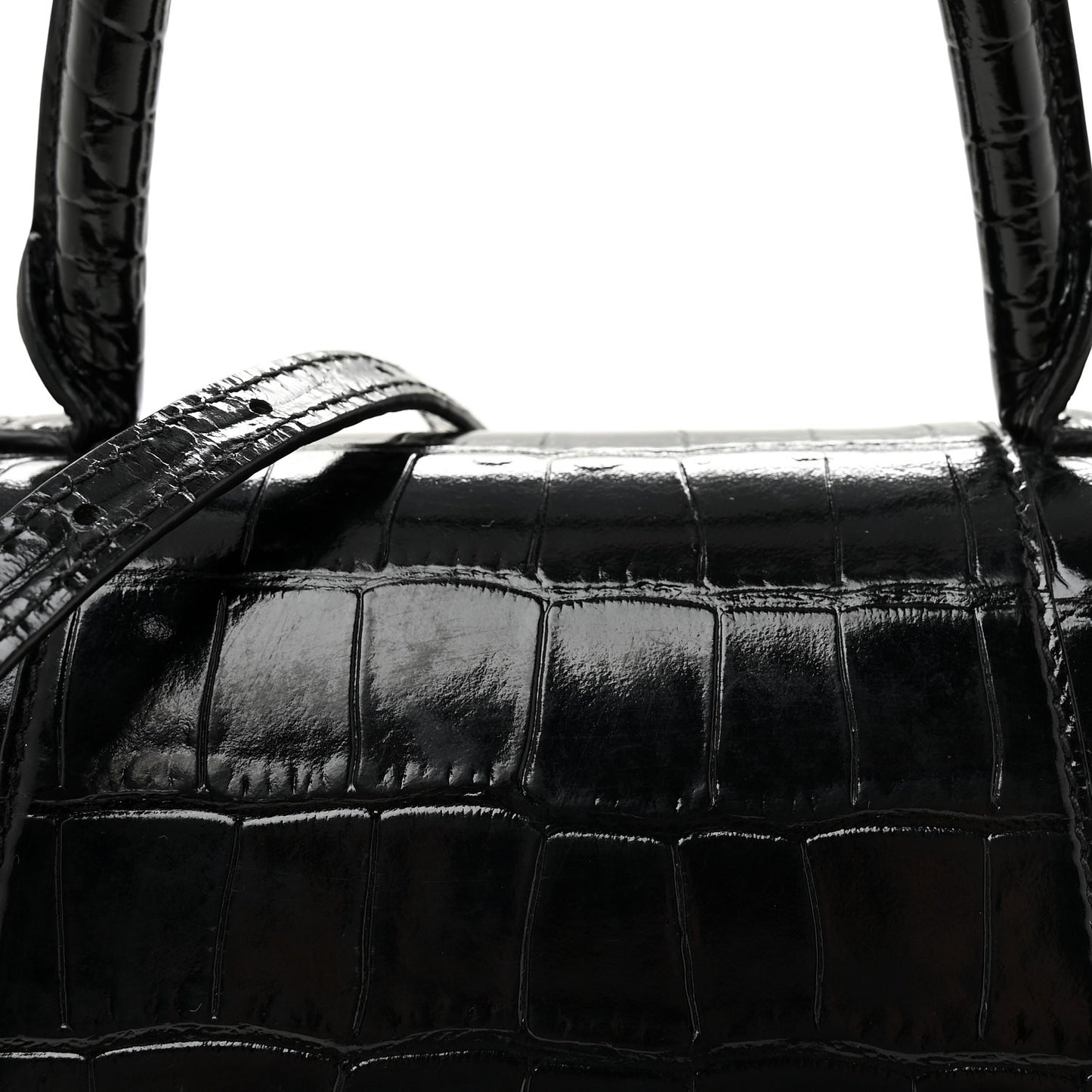 Shiny Calfskin Crocodile Embossed Small Hourglass Top Handle Bag Black