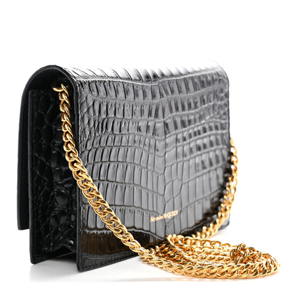 Alexander McQueen Calfskin Crocodile Embossed Skull Mini Crossbody Bag Black 3 of 9