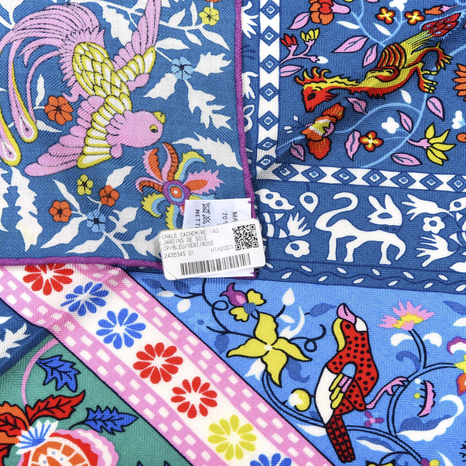 Hermes Cashmere Silk Jardins De Soie Shawl 140 Blue Vert Rose 4 of 5