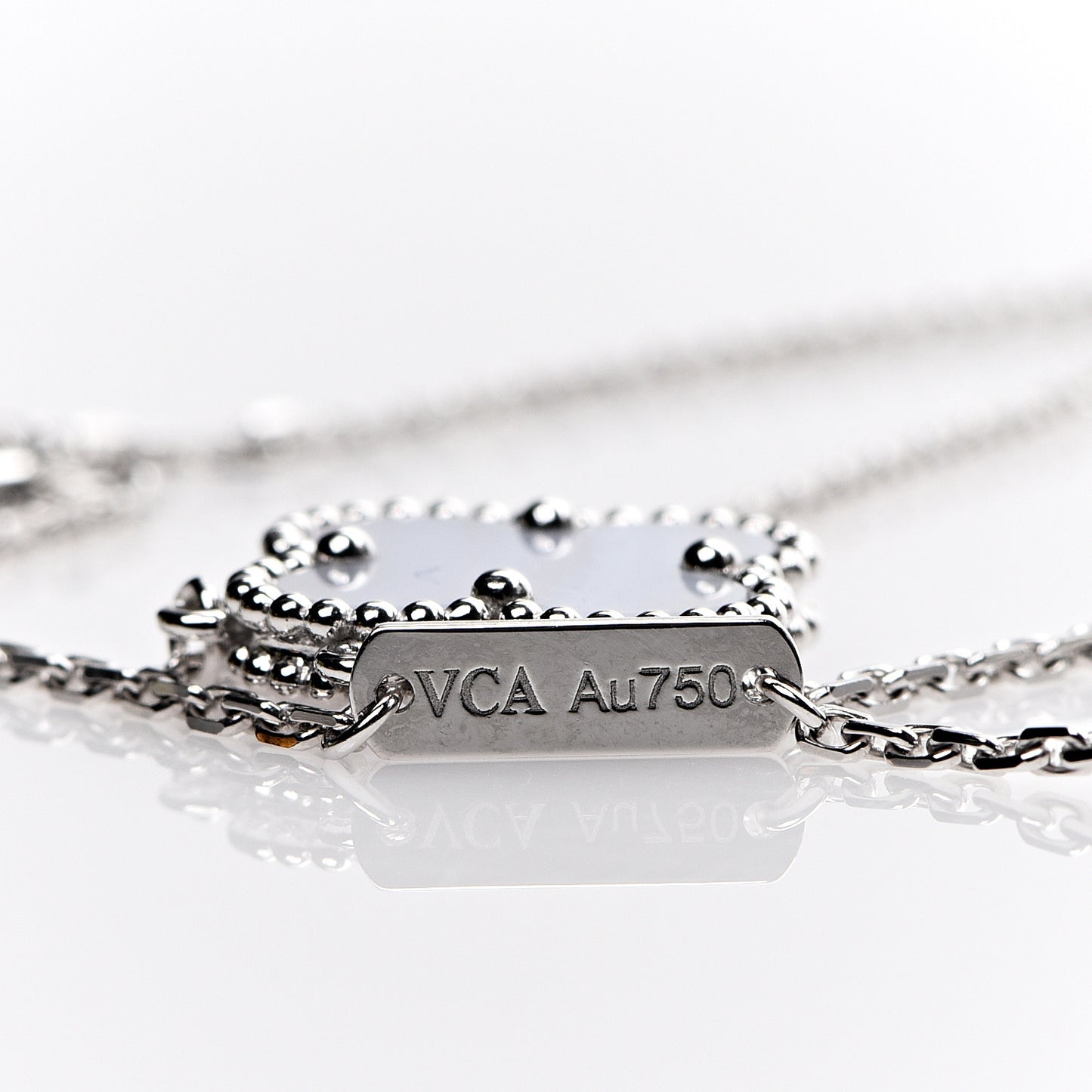18K White Gold Chalcedony Vintage Alhambra Pendant Necklace