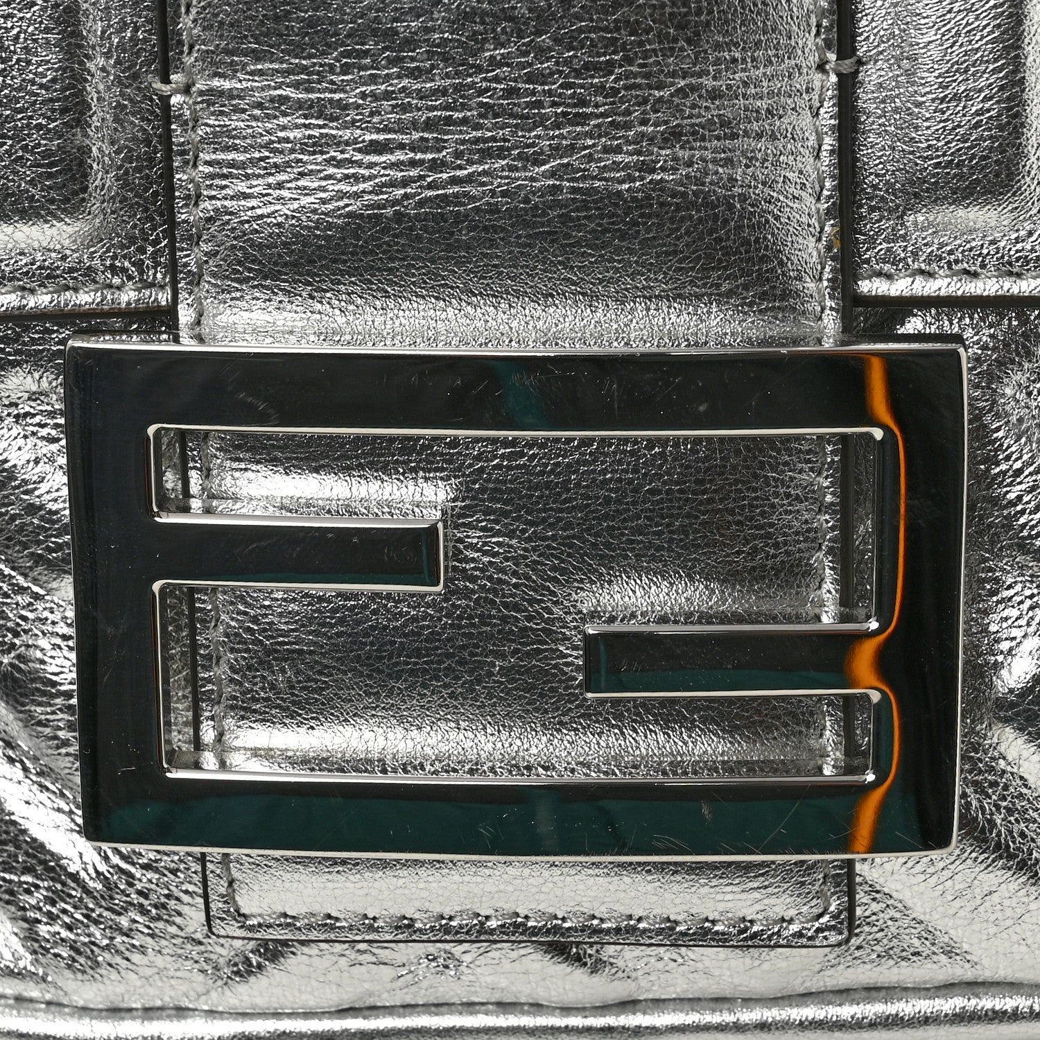 Fendi Vitello Catalan Mirror FF 1974 Embossed Large Baguette Argento 14 of 14