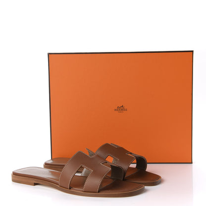 Hermes Box Calfskin Oran Sandals 37.5 Gold 10 of 10