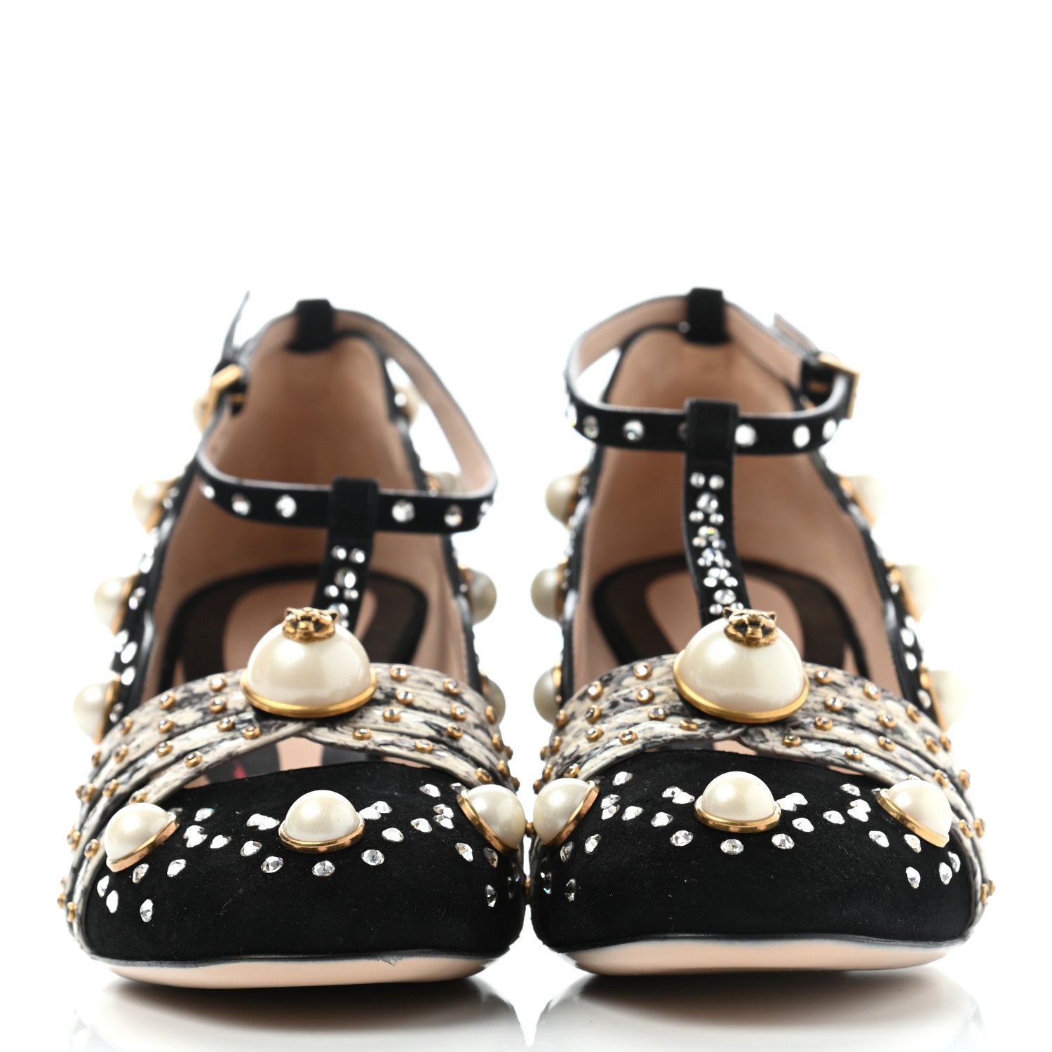 Gucci Suede Snakeskin Pearl Studded Ofelia Pumps 36.5 Black 2 of 8
