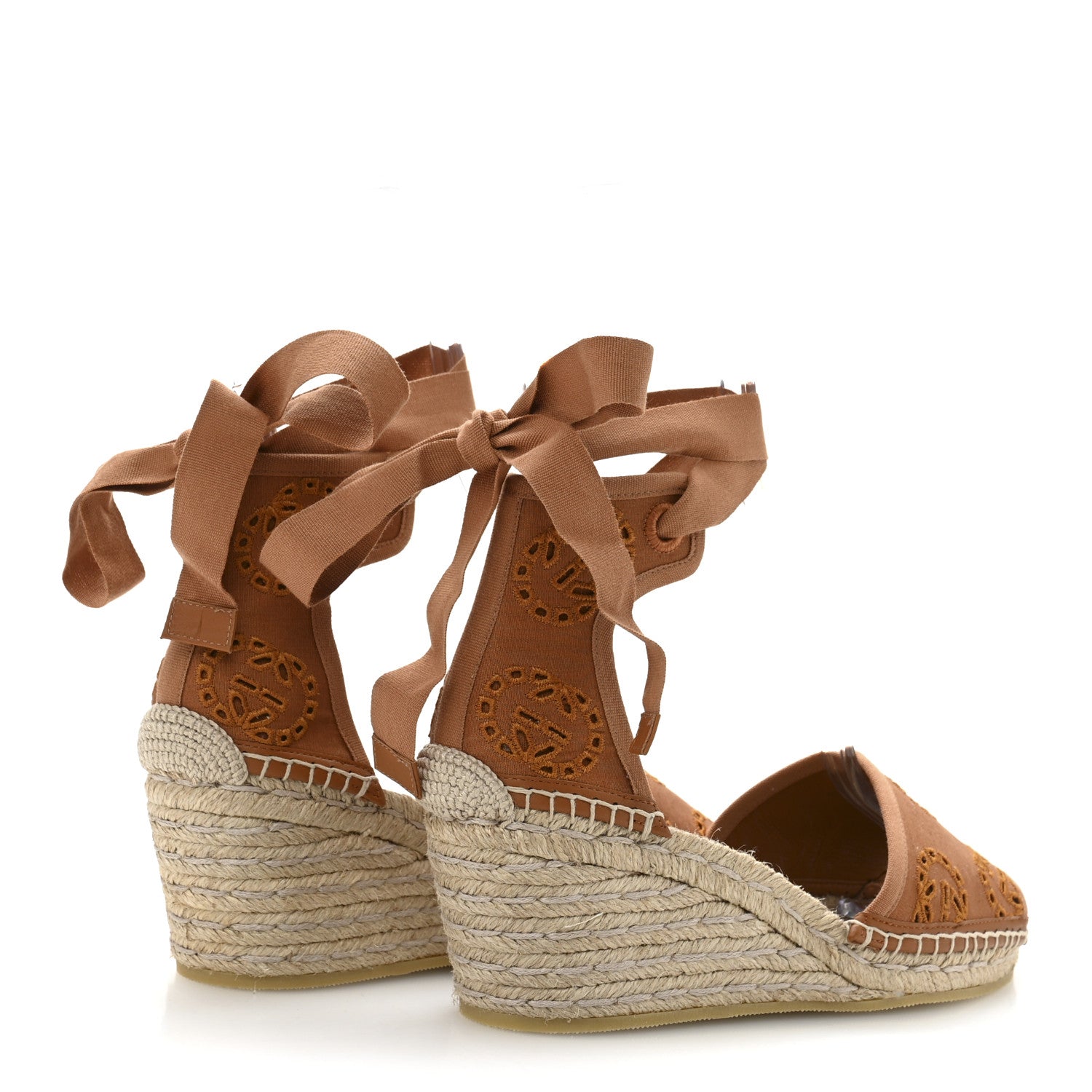 Gucci Canvas Damita GG Eyelet Espadrille Wedge Sandals 37.5 Blondie Cognac 5 of 10
