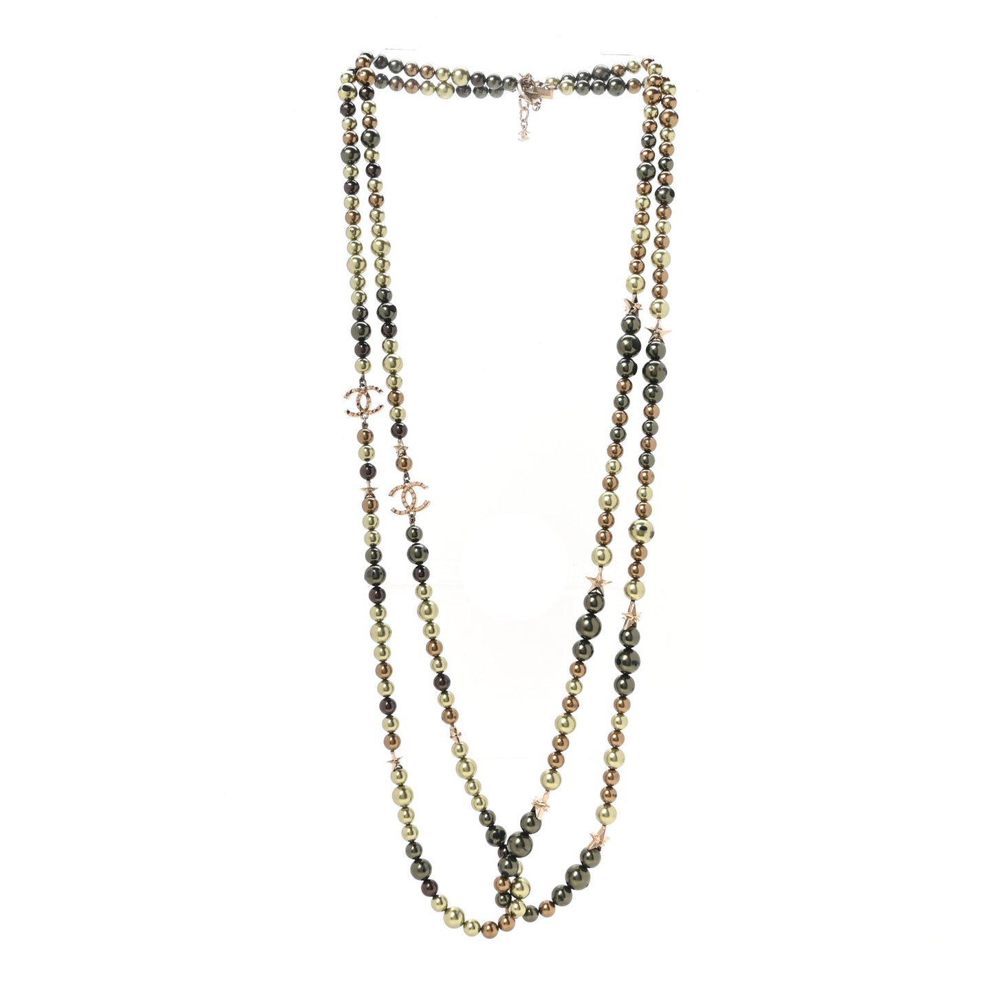 Pearl Star CC Multi Strand Long Necklace Green Gold