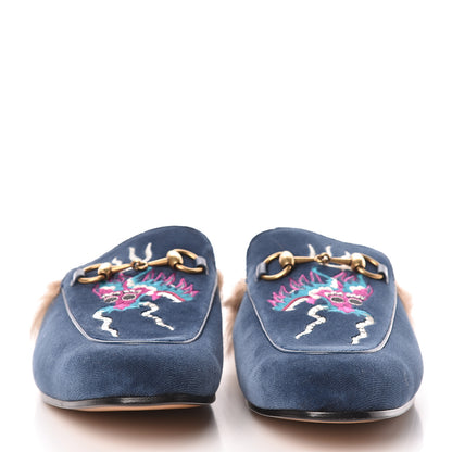 Gucci Velvet Fur Dragon Embroidered Mens Princetown Slippers 8 Zaffre Dark Zaffre 2 of 11