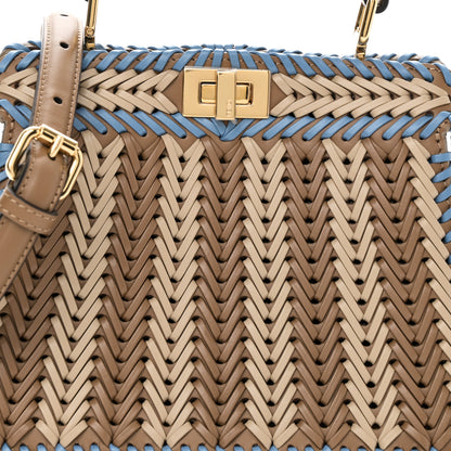 Fendi Vitello King Shiny Nappa Intreccio Petite Peekaboo I SEE U Satchel Sand Beige Blue 7 of 9