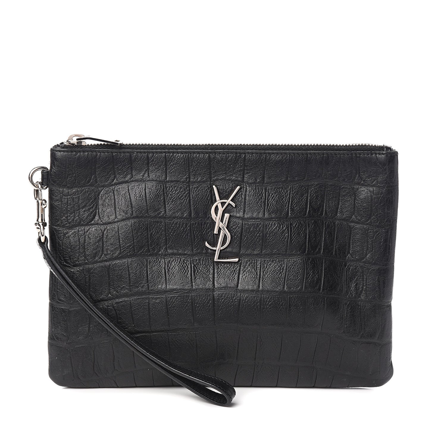 Calfskin Crocodile Embossed Monogram Zip Pouch Black
