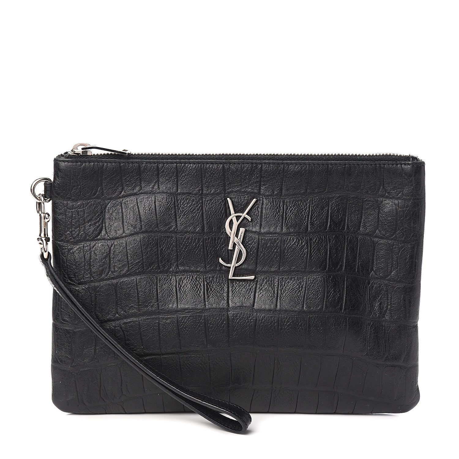 Saint Laurent Calfskin Crocodile Embossed Monogram Zip Pouch Black 1 of 8