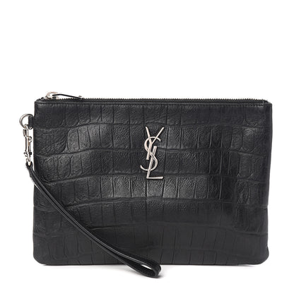 Saint Laurent Calfskin Crocodile Embossed Monogram Zip Pouch Black 1 of 8