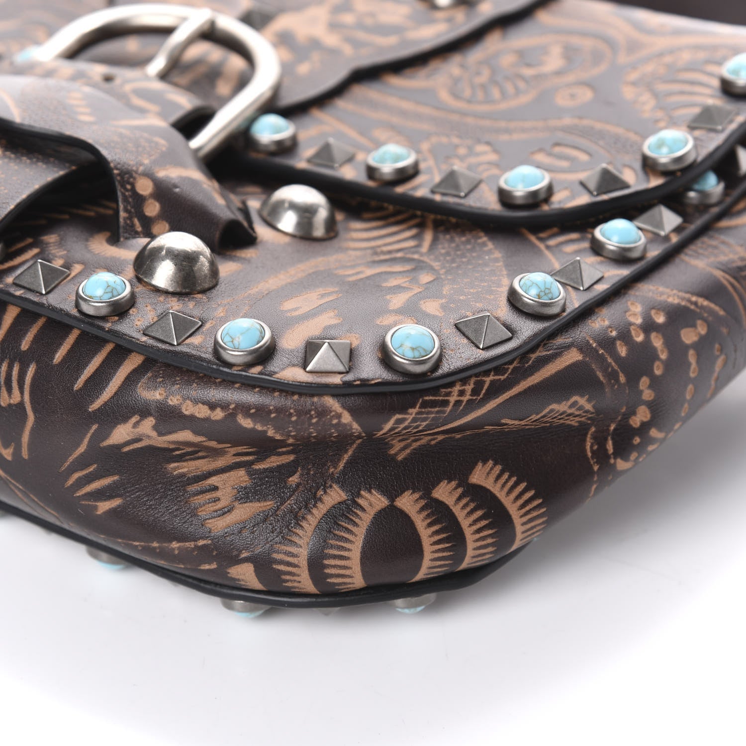 Valentino Garavani Calfskin Santeria Embossed Medium Rockstud Rolling Flap Saddle Bag Brown 9 of 9