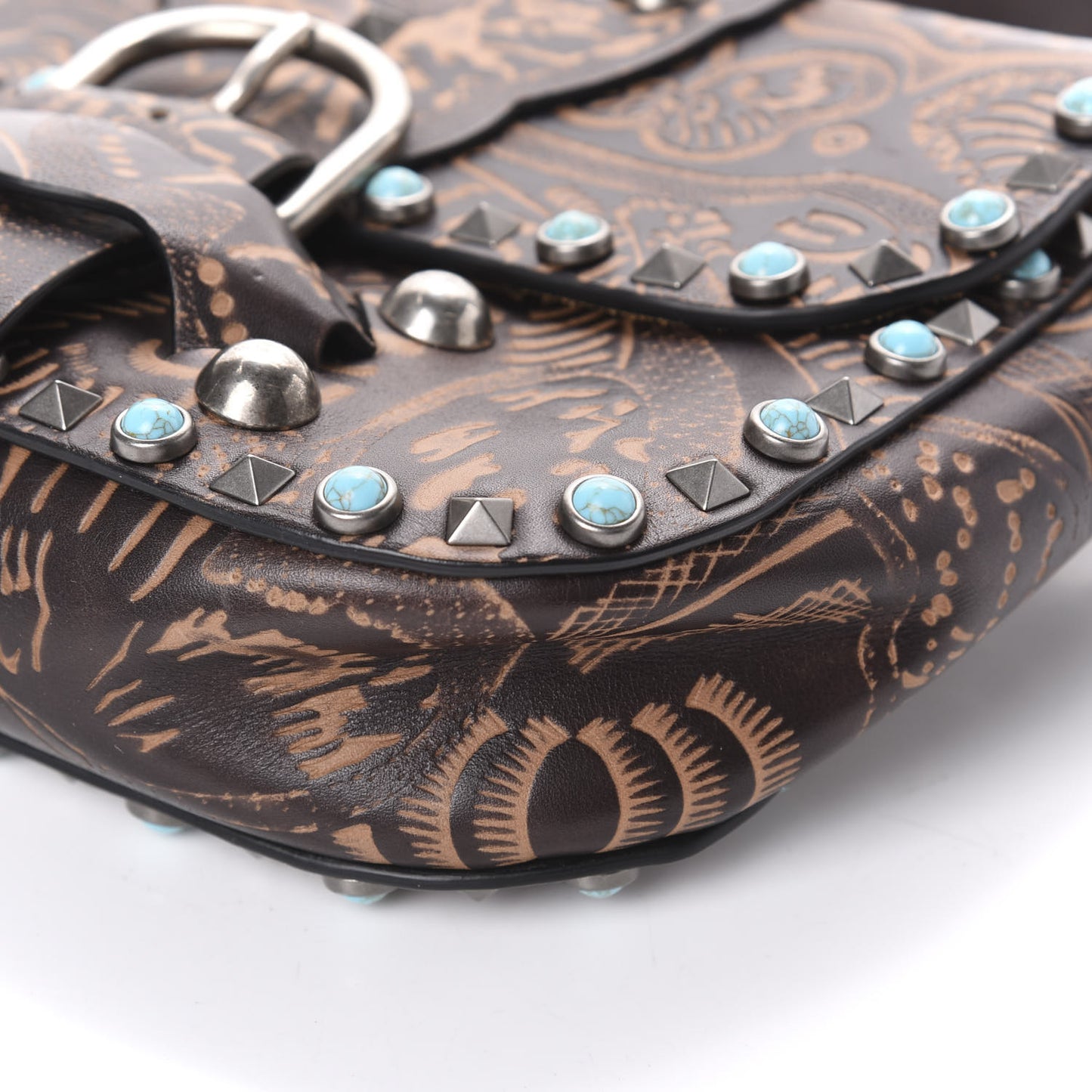 Calfskin Santeria Embossed Medium Rockstud Rolling Flap Saddle Bag Brown