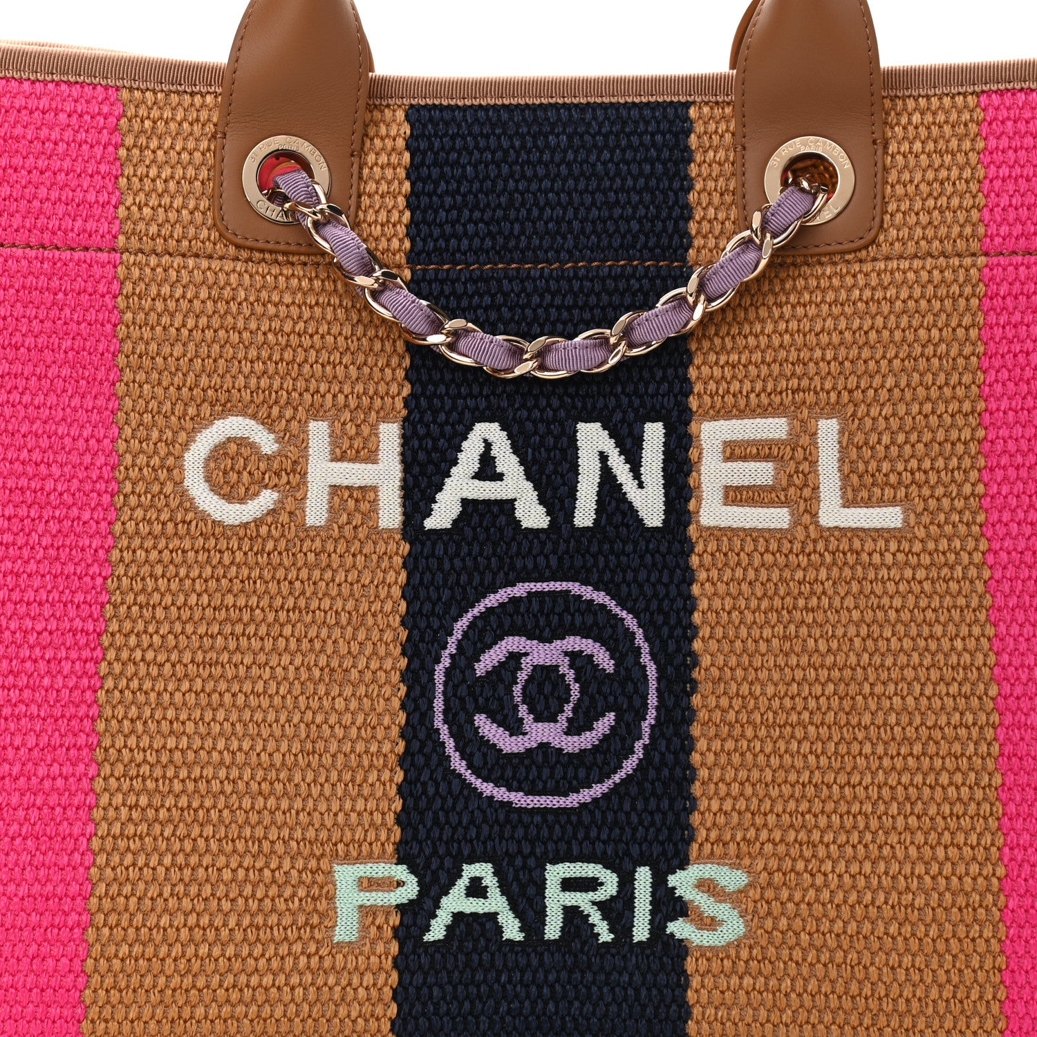 Chanel Straw Raffia Calfskin Striped Large Deauville Tote Dark Beige Fuchsia Navy Blue 8 of 10