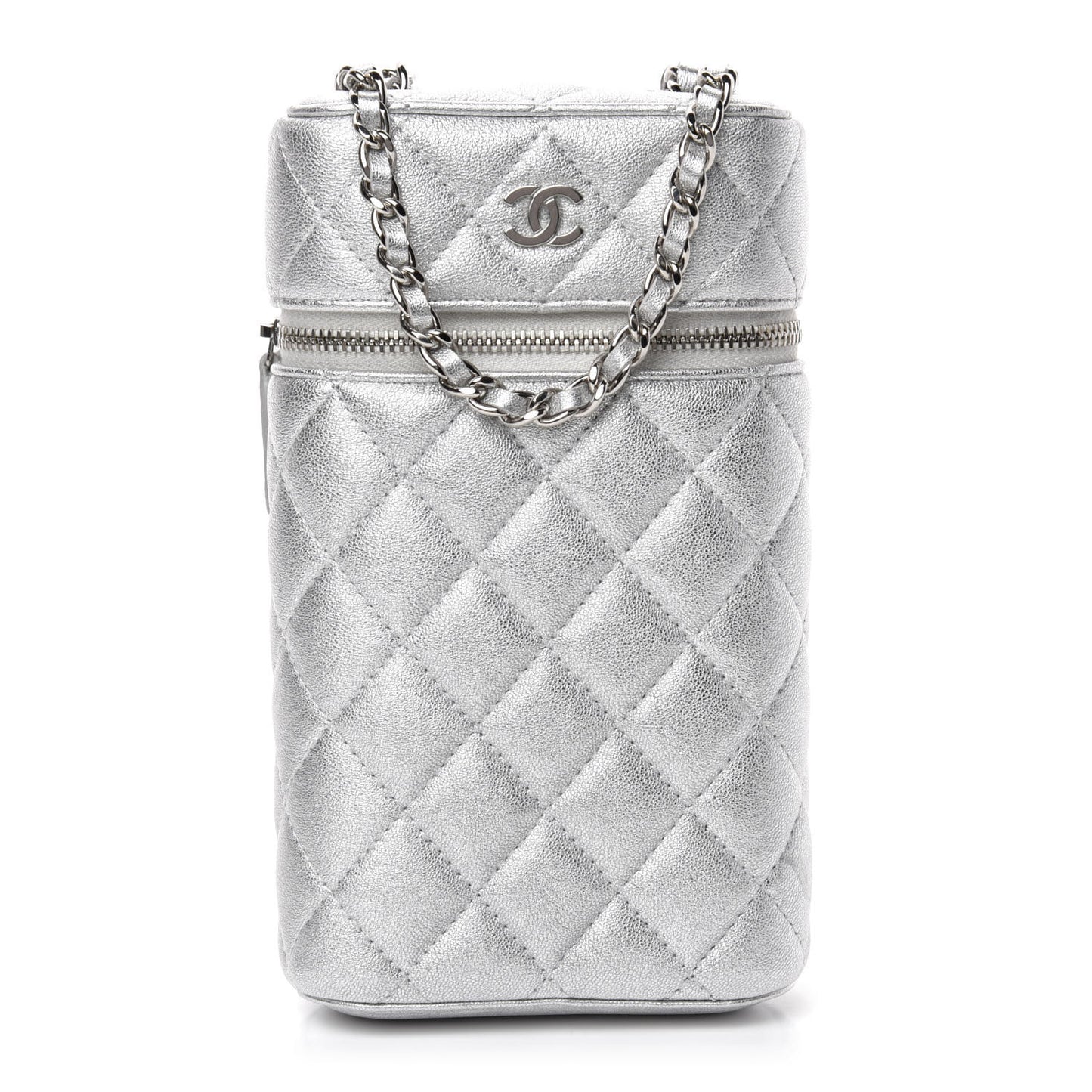 Metallic Lambskin Quilted Phone Holder With Chain Silver