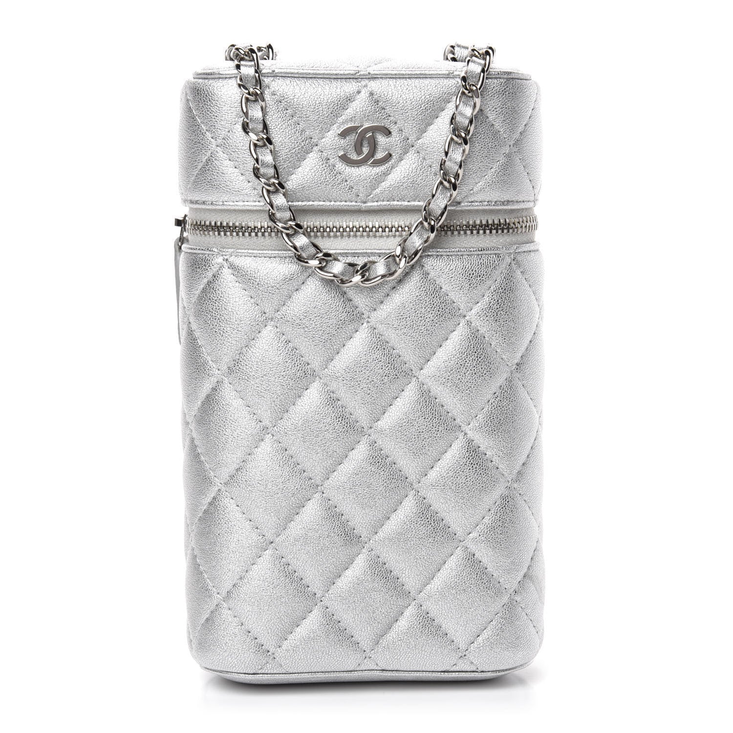 Chanel Metallic Lambskin Quilted Phone Holder With Chain Silver 1 of 10