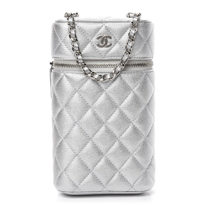 Chanel Metallic Lambskin Quilted Phone Holder With Chain Silver 1 of 10