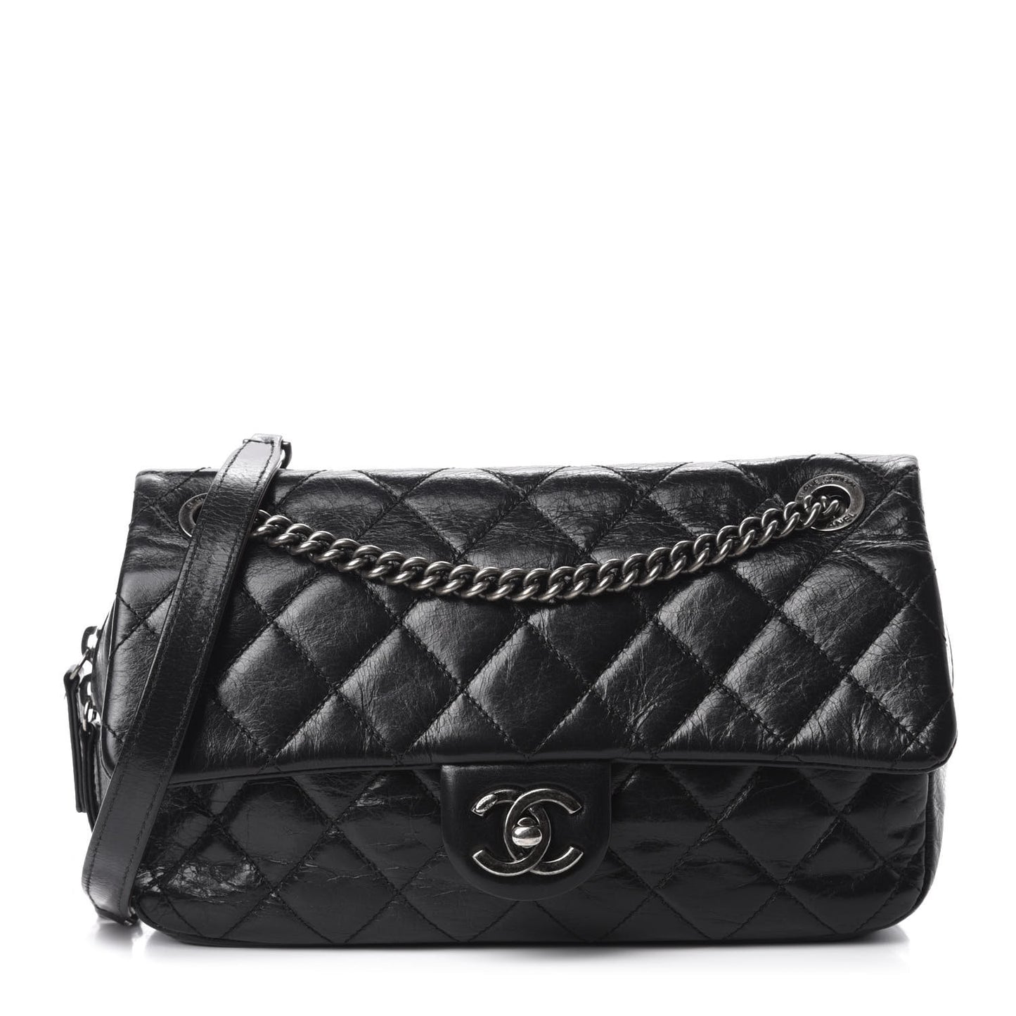 Glazed Calfskin Quilted Medium Duo Color Flap Black