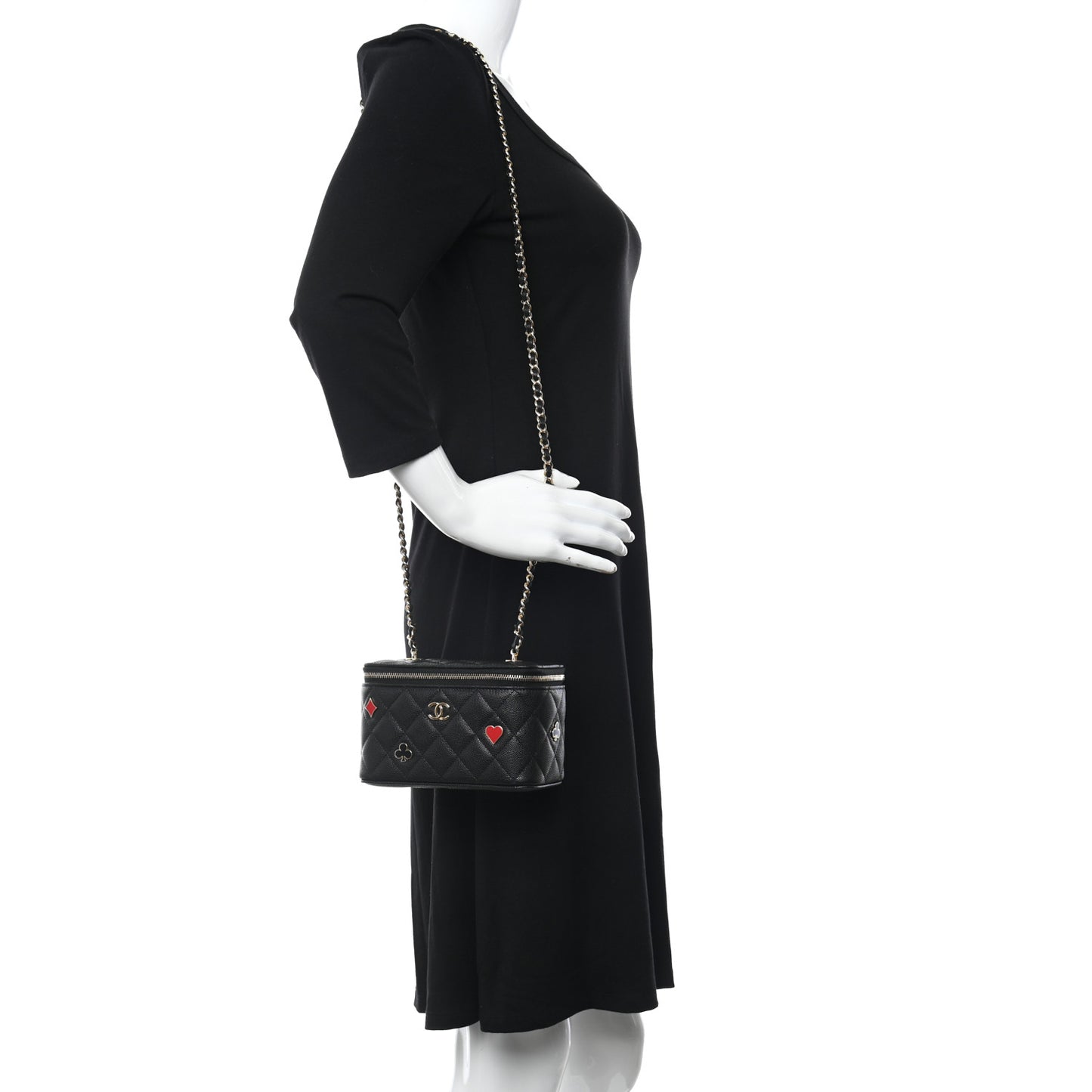 Caviar Quilted Enamel Coco Casino Small Vanity Case With Chain Black