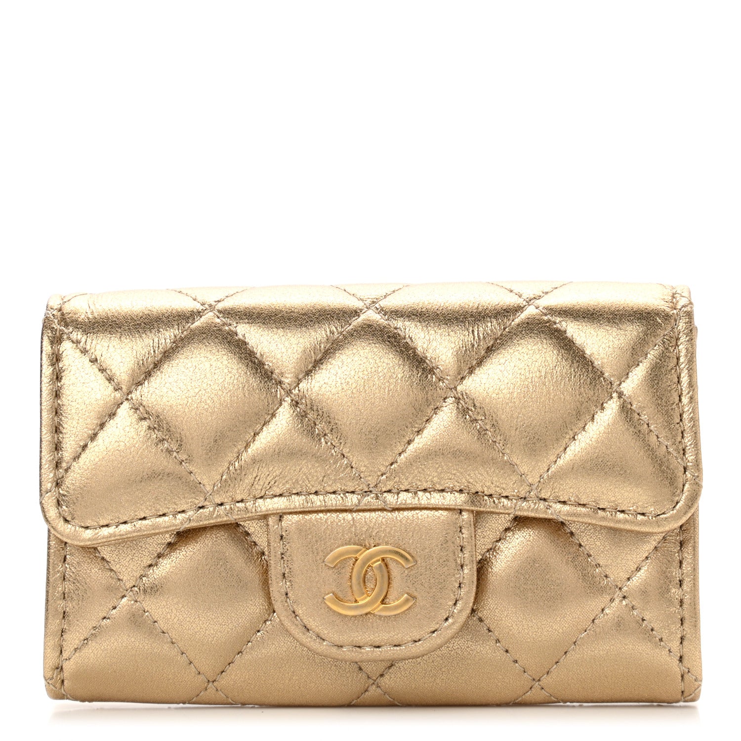 Chanel Metallic Lambskin Quilted Flap Card Holder Wallet Gold 1 of 9