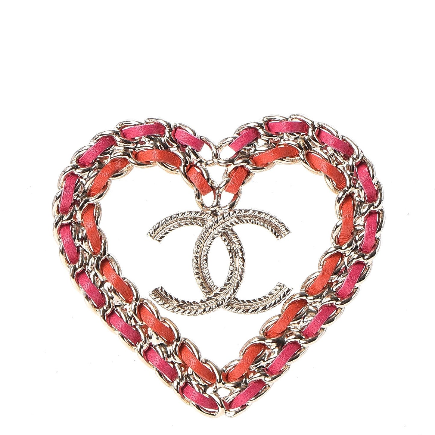 Metal Calfskin Braided Heart CC Brooch Pink Red Gold