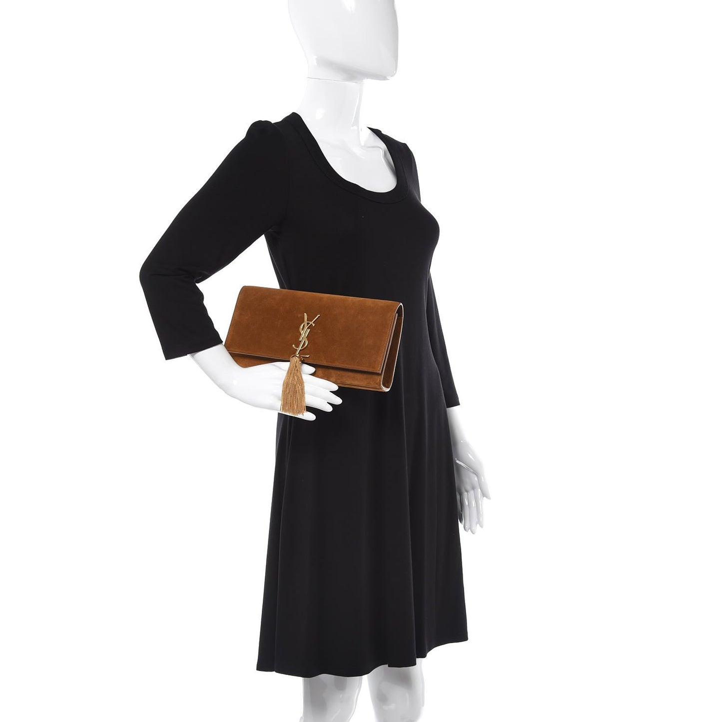 Suede Cassandre Tassel Clutch Tan