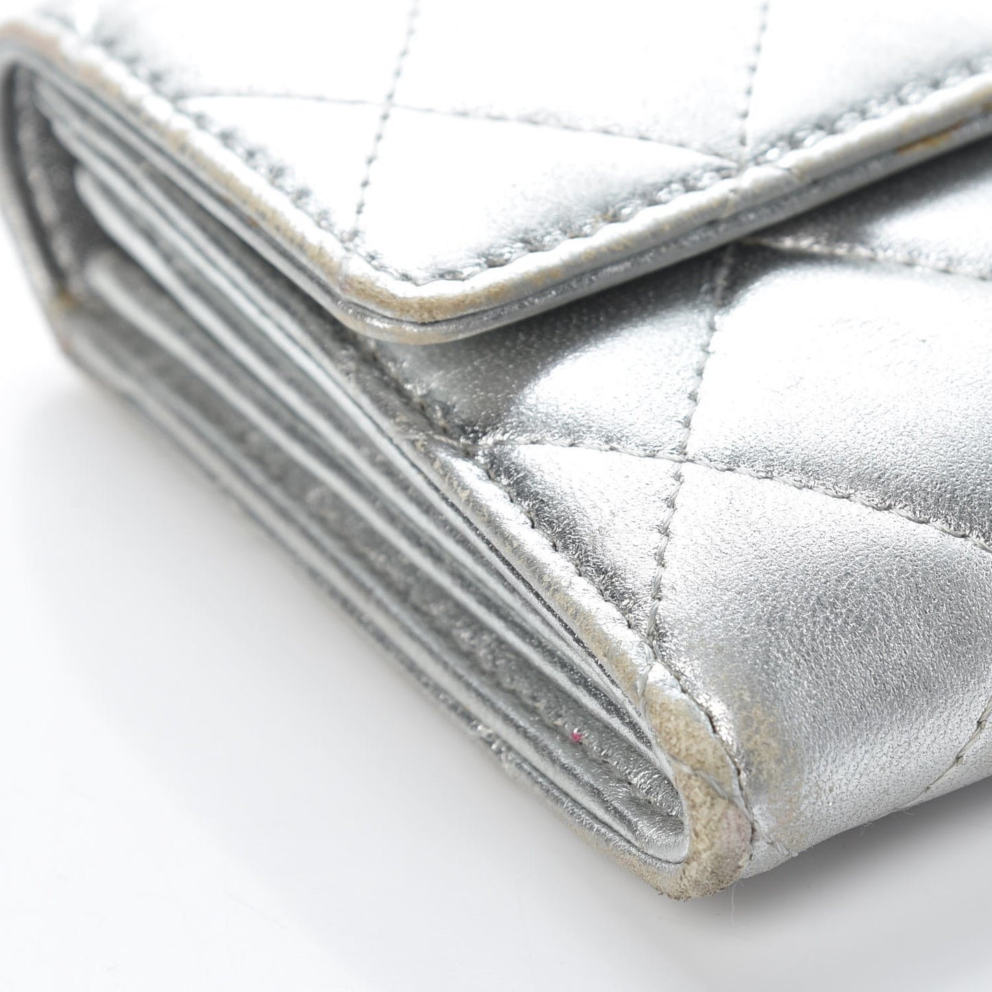 Metallic Lambskin Quilted Large Gusset Flap Wallet Silver