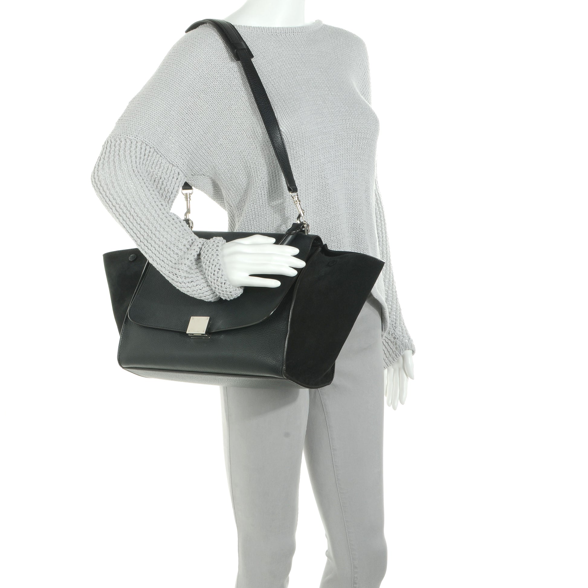 Celine Drummed Leather and Suede Small Trapeze Black 2 of 7